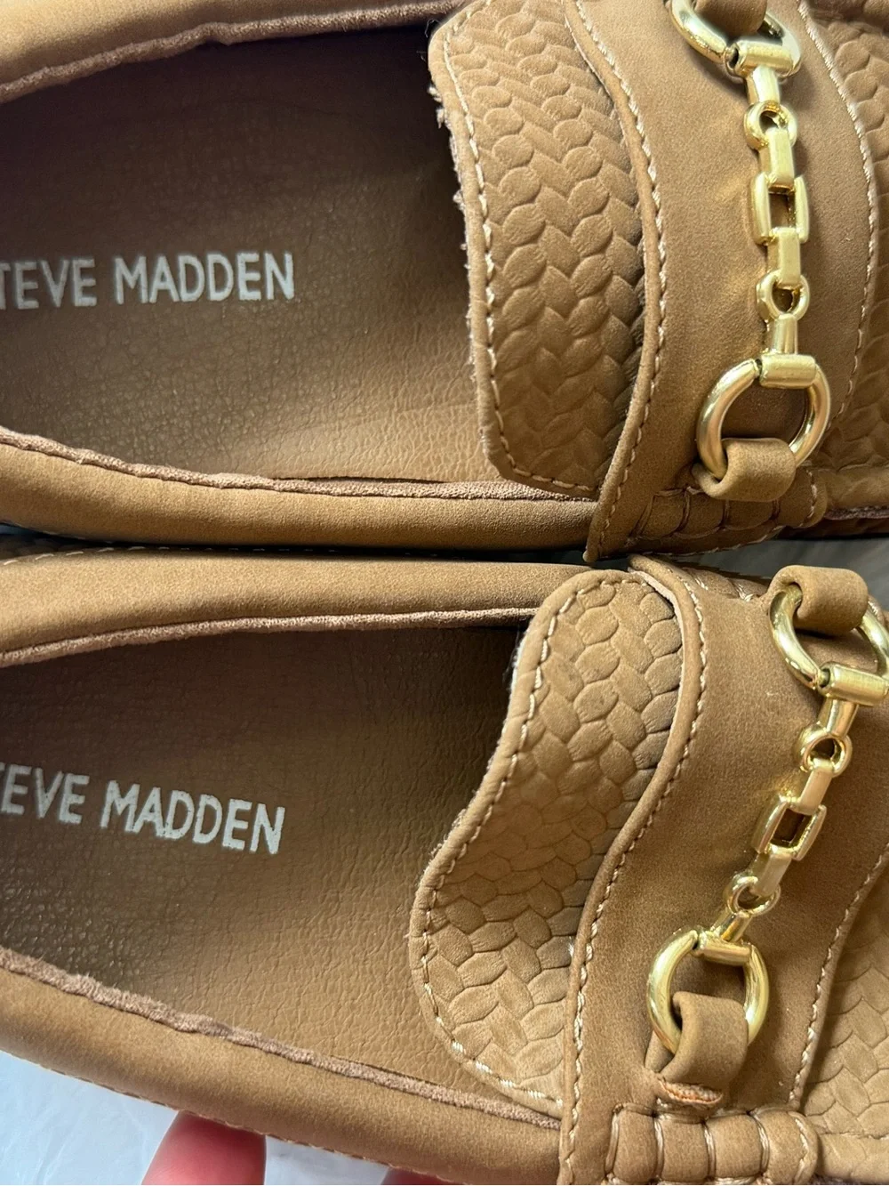 Steve Madden Tan Loafers with Gold Chain Trim